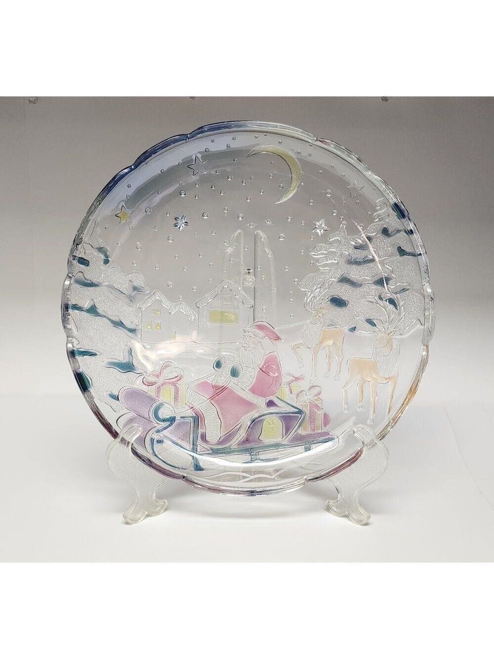 Crystal Clear Industries 1989 Sleigh Bells Christmas 14" Glass Serving Platter
